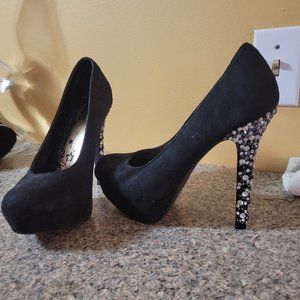 Black high heel hand glued gems/rhinestone on heel